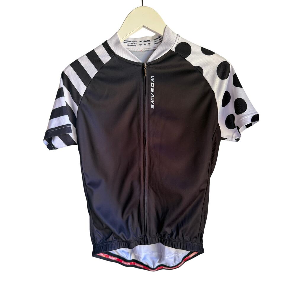 WOSAWE Women's Cycling Jersey Black White Polka Dot Full Zip Bike Shirt Large